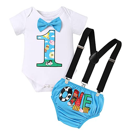 Baby Boys Farm Animals Themed First Birthday Cake Smash Outfit Bowtie Short  Sleeve Romper Y-Back Suspenders Diaper Cover Shorts Cow Boys Photography  Prop 3 Piece Clothes Set Black 6-12 Months : 