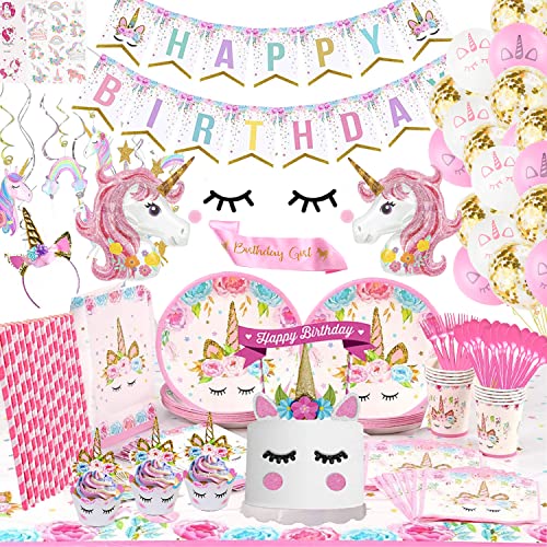 Unicorn Party Supplies - Bonus Unicorn Headband Birthday Sash and Balloons-  Serves 16 Guests - Unicorn Birthday Decorations for Girls with Disposable  Tableware Cutlery Party Pack