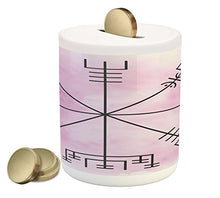 Load image into Gallery viewer, Lunarable Occult Piggy Bank, Pastel Colored Magic Navigation Compass of Vikings from Medieval Period, Printed Ceramic Coin Bank Money Box for Cash Saving, Pink Black
