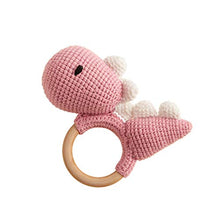 Load image into Gallery viewer, Chippi &amp; Co Crochet Teether Wooden Rattle Ring, Pink Dino Stuffed Animal Plush Baby Newborn Baby Boy Girl 0 3 6 Sensory Development Toy
