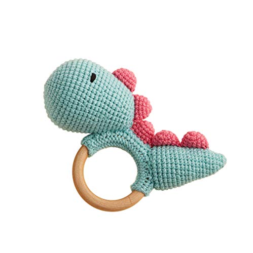 Chippi & Co Crochet Teether Wooden Rattle Ring, Blue Dino Stuffed Animal Plush Baby Newborn Baby Boy Girl 0 3 6 Sensory Development Toy