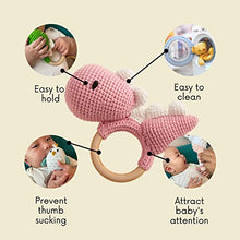 Load image into Gallery viewer, Chippi &amp; Co Crochet Teether Wooden Rattle Ring, Pink Dino Stuffed Animal Plush Baby Newborn Baby Boy Girl 0 3 6 Sensory Development Toy
