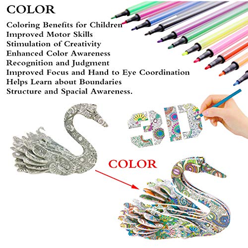 3d Coloring Puzzle Set, 4 Animals Painting Puzzles With 12 Pen