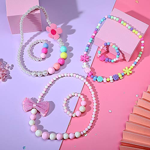 PinkSheep Collier de perles et bracelet de perles pour enfants 6 ensembles  de bijoux pour petites filles Favors Sacs pour filles (grosses perles)