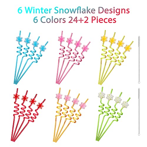 24 Reusable Snowflake Straws for Snowflake Winter Party Supplies Favors  Wonderland Frozen Birthday - Christmas Gift with 2 Cleaning Brushes