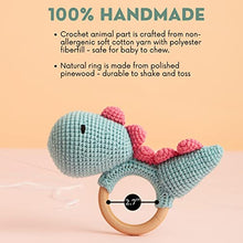 Load image into Gallery viewer, Chippi &amp; Co Crochet Teether Wooden Rattle Ring, Blue Dino Stuffed Animal Plush Baby Newborn Baby Boy Girl 0 3 6 Sensory Development Toy
