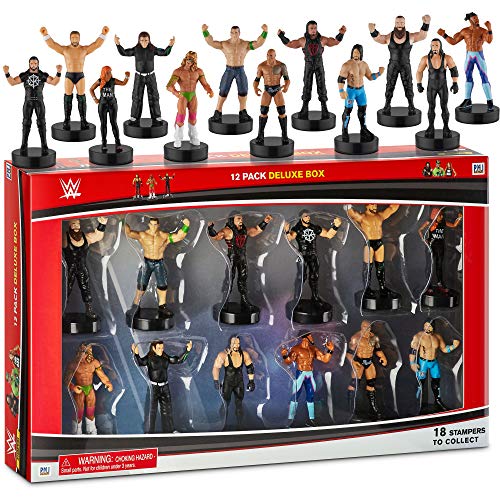 WWE Superstar Stampers, Set of 12 - Self-Inking WWE Superstars for Crafts, Party Decor, Cake Toppers Gifts - Ultimate Warrior, Roman Reigns, Kofi Kingston More by PMI, 2.3-2.5 in. Tall.